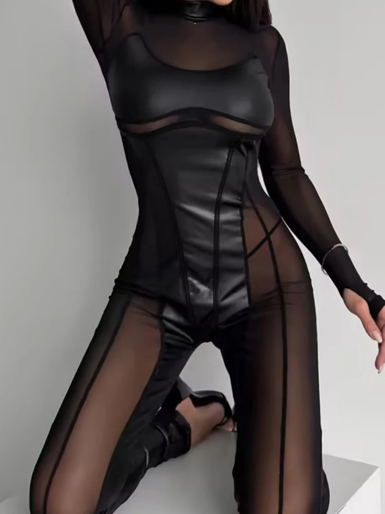 Fashion Spliced Mesh Back Zipper Long Sleeve Shapewear Jumpsuit Women Night Club Party Bodycon Outfit Slim Tight Clubwear view 3