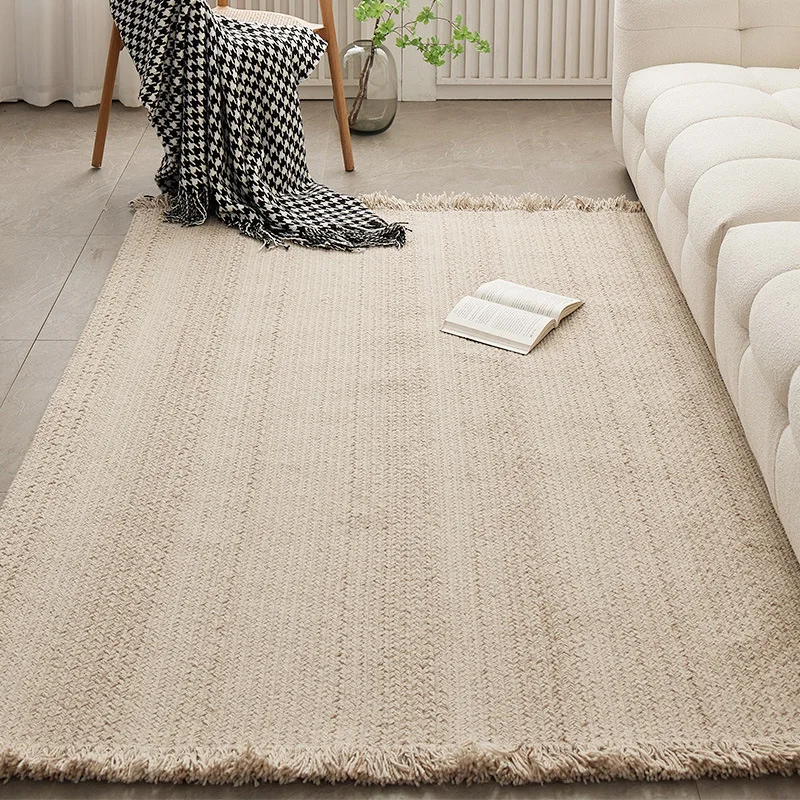 Simple Solid Color Wool Carpet Hand Woven Cloakroom Rug Tassel No Glue Carpet Living Room Bedroom Large Sofa Coffee Floor Mat