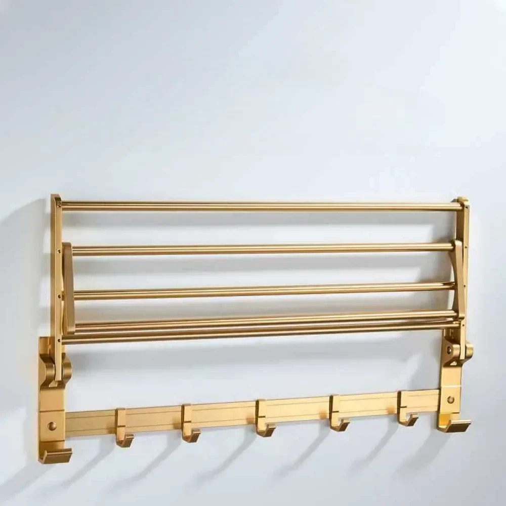 Imagem -03 - Alumínio Golden Toalheiro Banheiro Hardware Armazenamento Double Folding Holder Espaço Acessórios Toalha de Banho Suporte