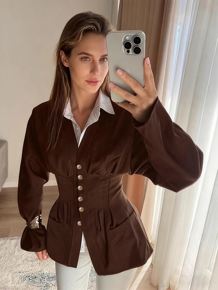 

Vintage Waist-cinching Pleated Shirt Women Elegant V-neck Single Breasted Solid Shirts Female New Spring Casual Chic Street Tops