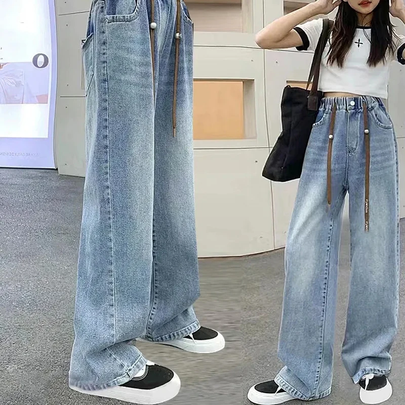

Fashion Straight Leg Jeans Spring Autumn Girls' Denim Trousers Loose Casual Children's Jeans Blue Elastic Waist Denim Pants