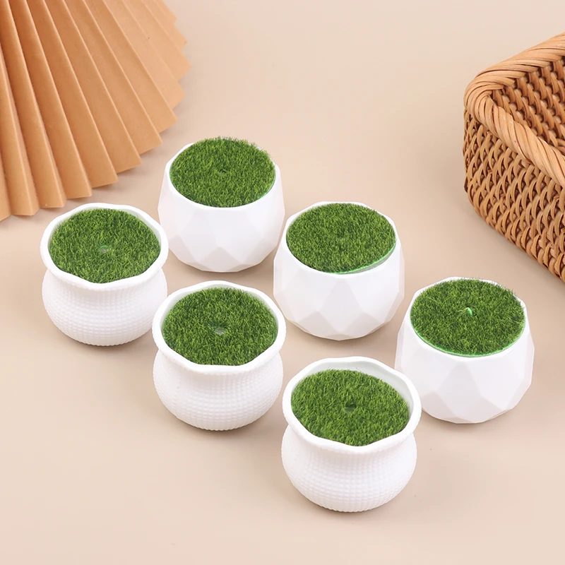 5Pcs round Planters White Plastic Thick Flower Pots with Artificial Lawn Vase for Home Garden Decorations