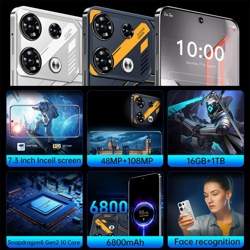 Smartphone GT10 Pro, Téléphone portable, Téléphones portables, 4G, 5G, 2024 HD, 7.3 mAh, 108MP, Touriste, Sim, Android 13, Smart Mobile, Matin,