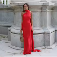 Backless Dress Satin Halter Off Shoulder Party Gown for Women - Red