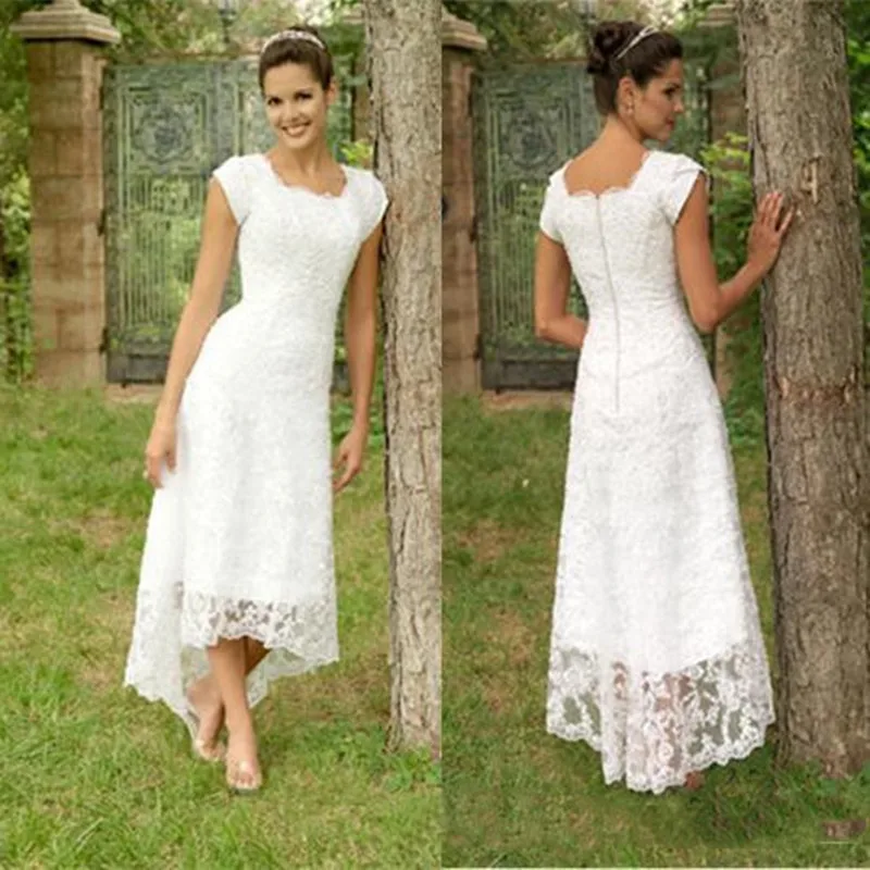 

Beach Lace Wedding Dresses High Low Short Sleeves Square Tea Length Short Bridal Gowns Country Wedding Dresses customsized