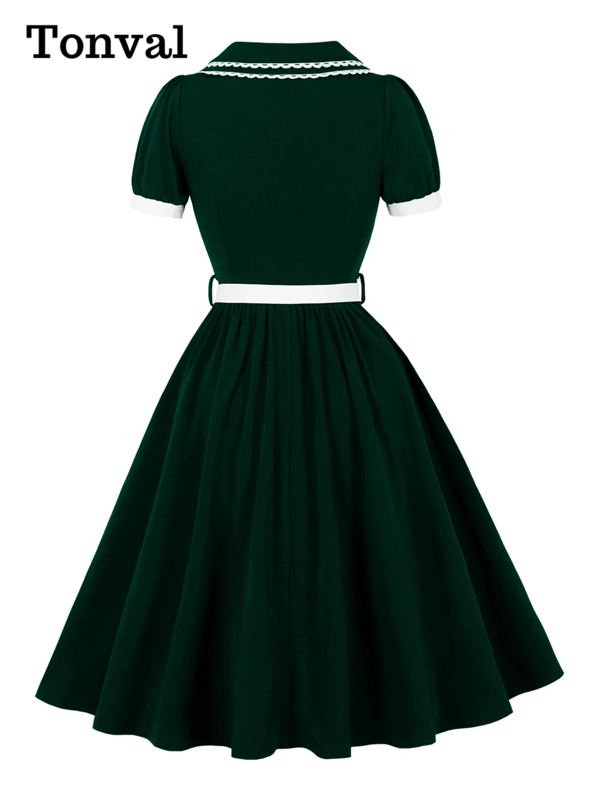 Tonval Lace Trim Embroidered Peter Pan Collar Vintage 1950s Party Clothes for Women Buttons Front Belted Midi Swing Dresses