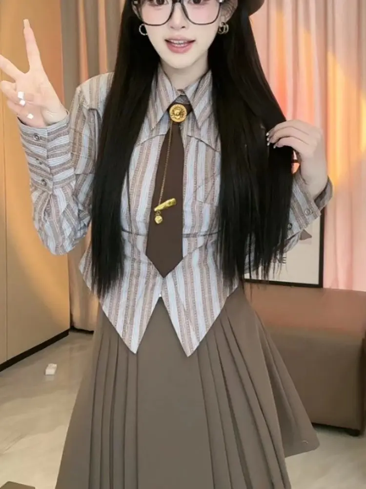 

American College Sle Women's Cheered irt And Skirt Set Ootd Faion High Waist Pleated Skirt Long Sve Button up Spri...