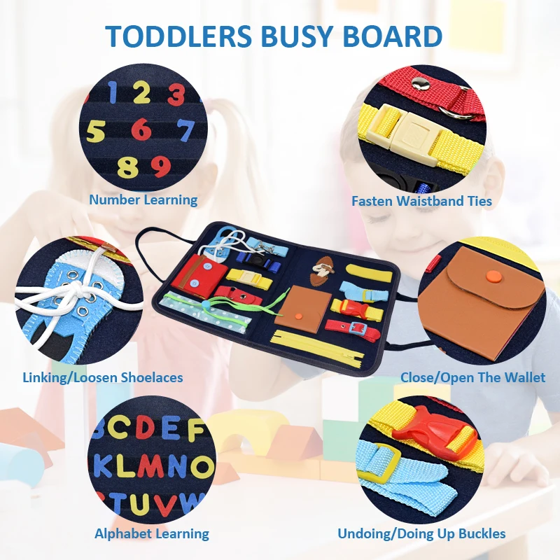 เด็ก Busy Board Buckle 1-5ปีซิปปุ่มลูกไม้ขึ้นเครื่องมือของเล่น Montessoris Early Education การเรียนรู้เด็ก sensory ของเล่นเด็กวัยหัดเดิน