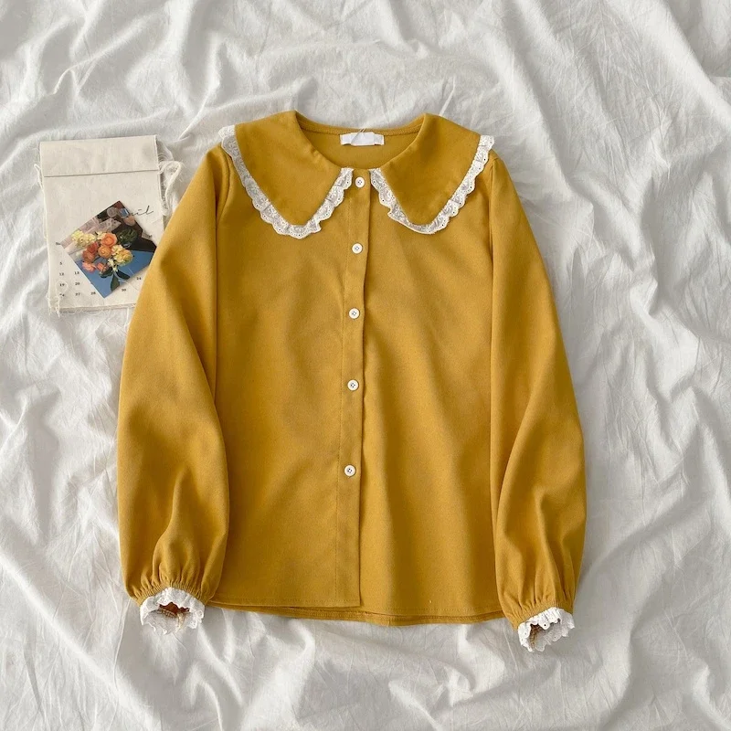 Camisas femininas design rendas retalhos doces cores moda high street botão-up manga longa peter pan colarinho blusas meninas
