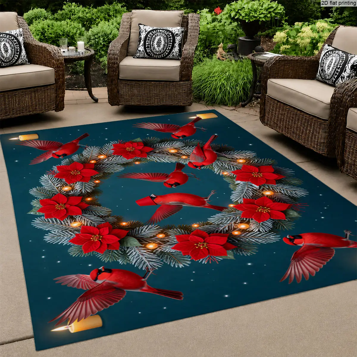 1pc Indoor & Outdoor Large Rug,Turquoise Background with Red Birds, Scarlet Flowers & Pine Wreath Pattern, Decor for Living Room