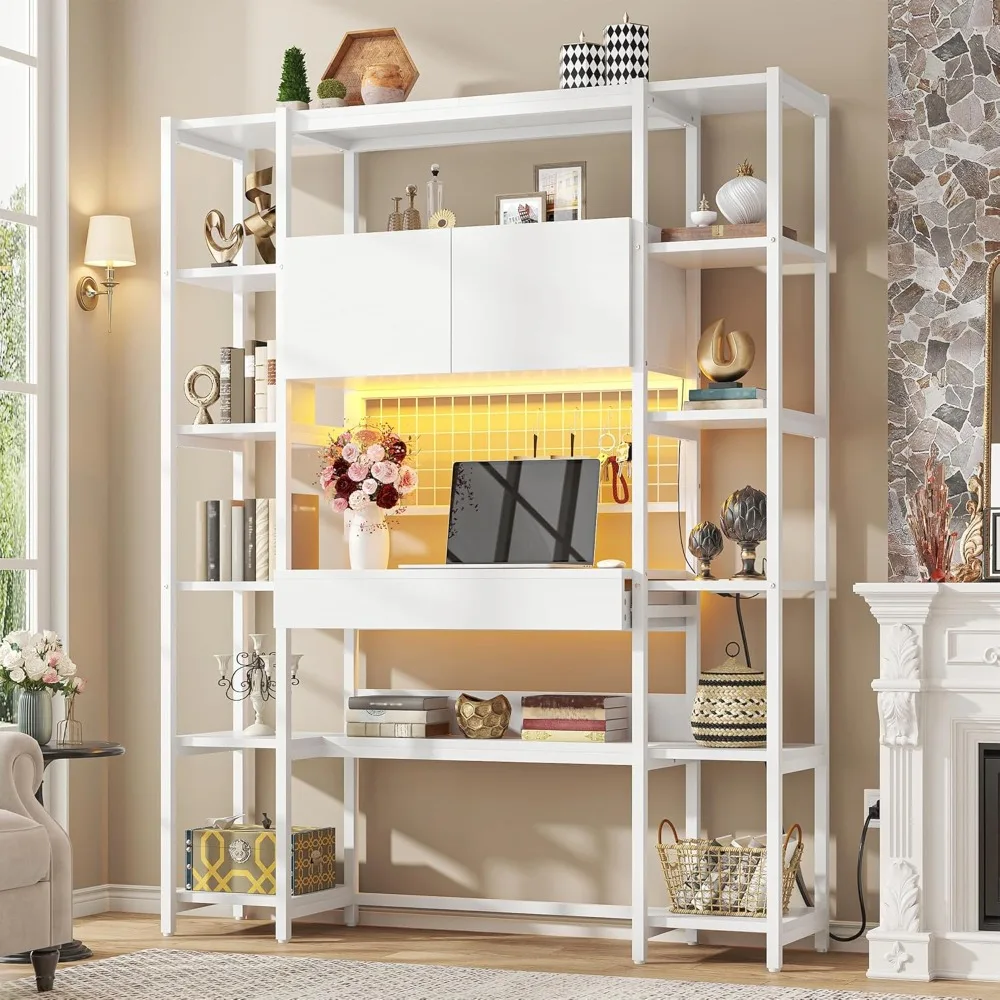 Semoic 5-Tier Tall Bookshelf with 70.87-Inch Height, 2-Door Cabinet, 12 Open Shelves, Drawer, Storage, and LED Lighting