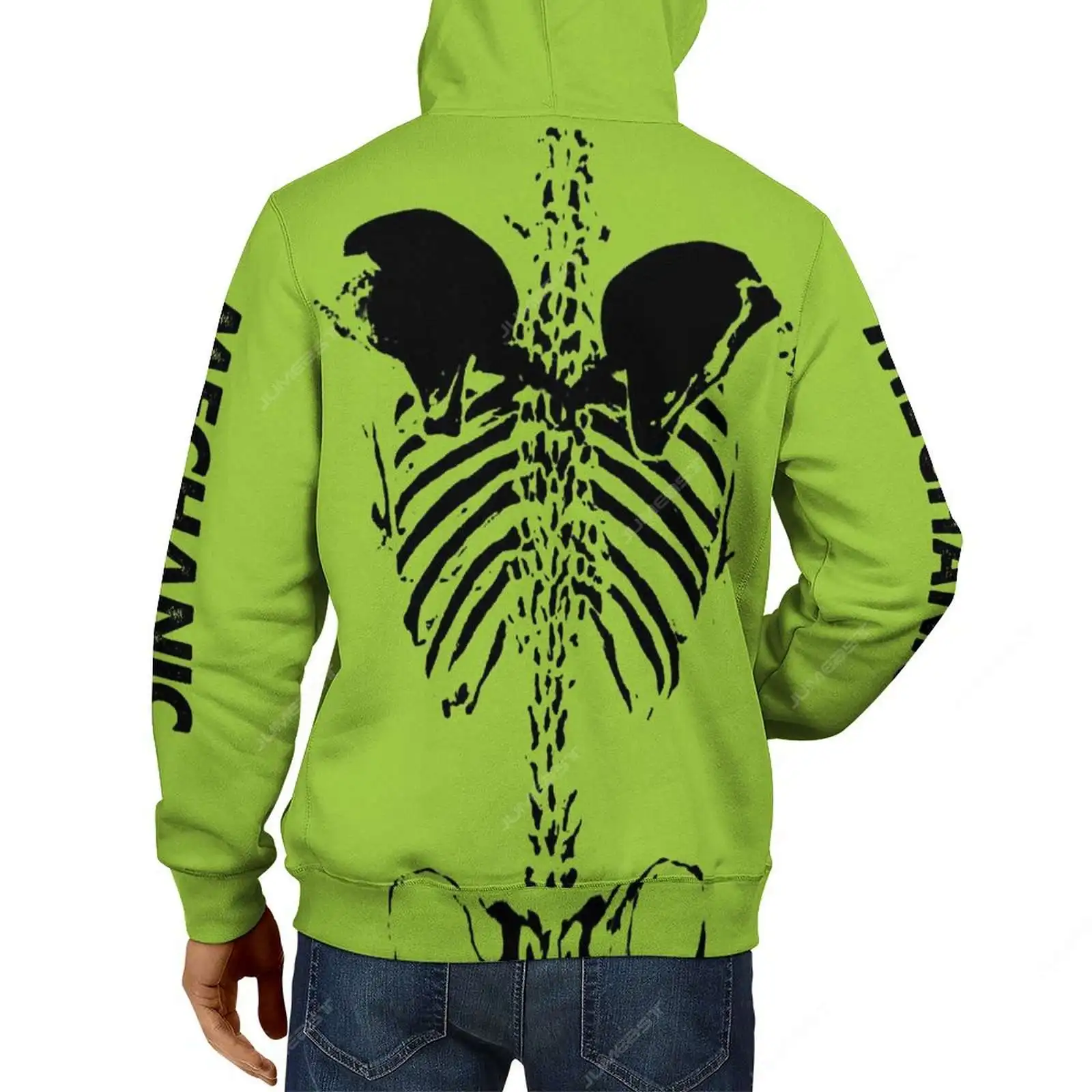 Jumeast Neon Green Mechanical Skeleton Men Zipper Hoodies Dark Academia Horror Women Hooded Sweatshirts Gothic Drip Clothes Coat