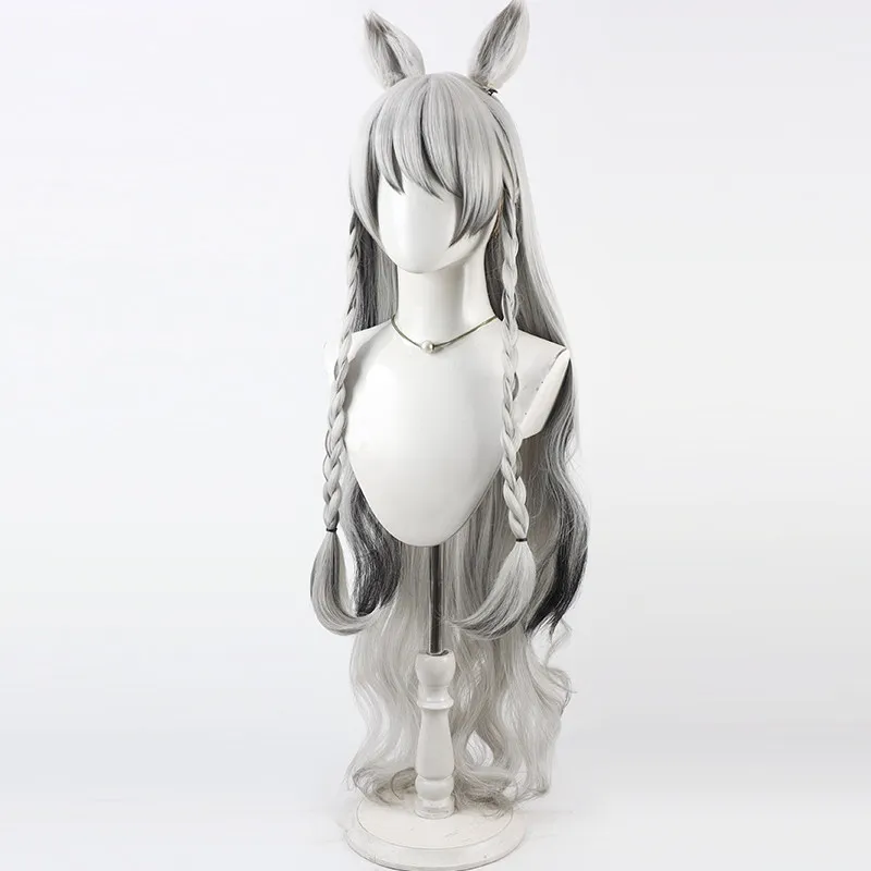 Game Arknights Pramanix Cosplay Wig Silver White Ombre Long Cosplay Wig With Detachable Ears For Comicon Party Adult Women Men