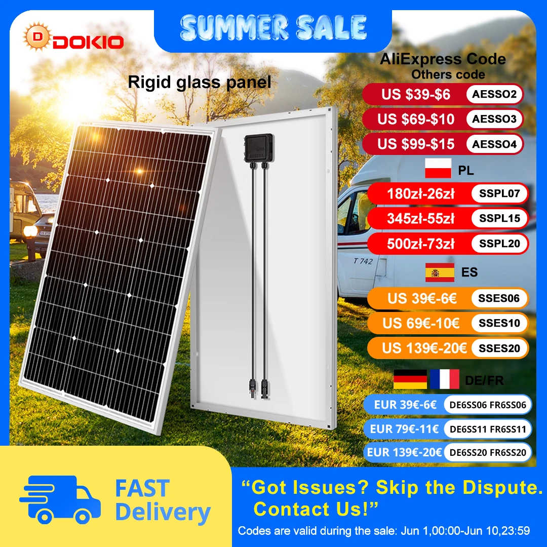 DOKIO 18V 100W-200W panneau solaire rigide chine panneau solaire étanche en silicium monocristallin # DSP-100M/DSP-100MX2 Camping/maison/RV
