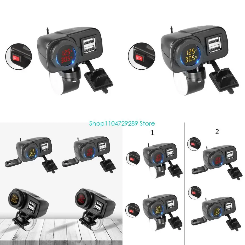 D8KE 3 in 1 Motorcycle Water Temp Voltmeter+Thermometer Temperature +USB Phone