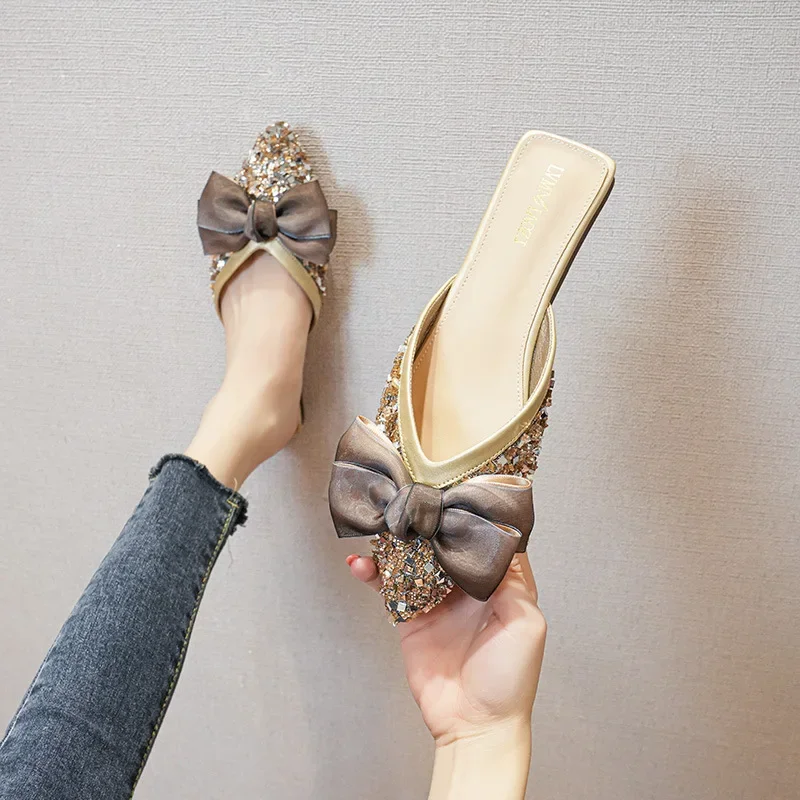 Female Summer Autumn Mules Half Wear Slip-on Shoes Flat Rhinestone Fairy Sandals Slipper Large Size 41 43