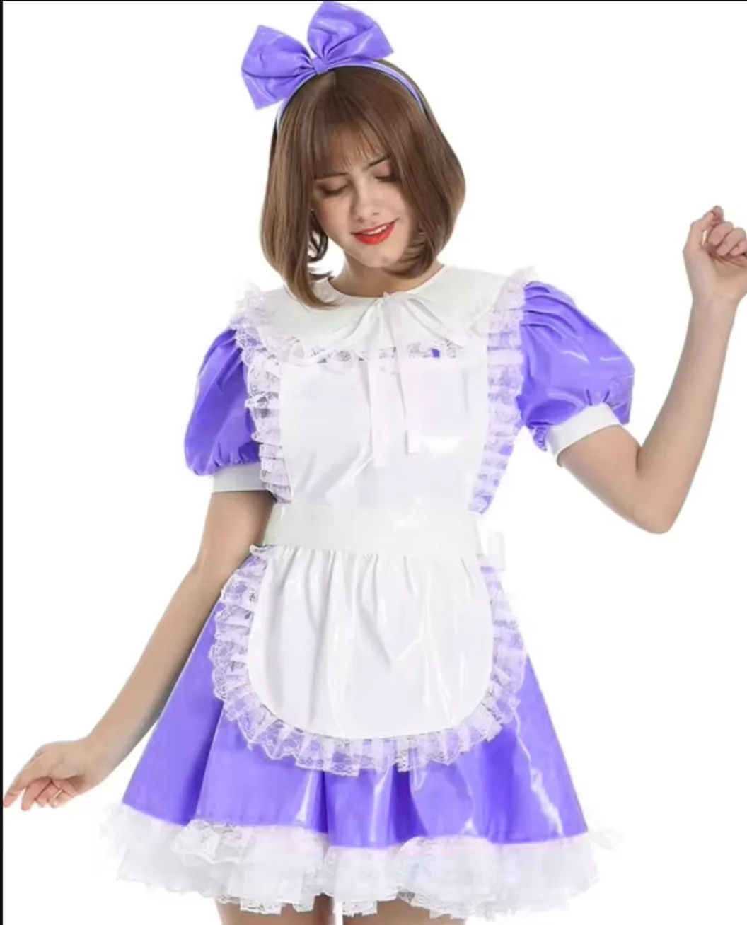 

French Sexy Adult Customized Fetishist Crossdressing Sissy Lapel PVC Independent Apron with Hairpin Dress