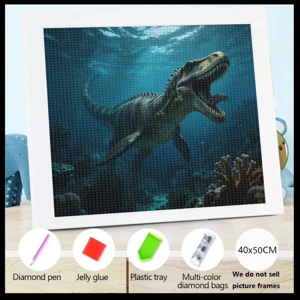

Набор для алмазной вышивки 5D DIY 40x50 см: Подводная сцена с мозазавром (prehistoric marine reptile) и инструментами – розовая алмазная ручка, красный J