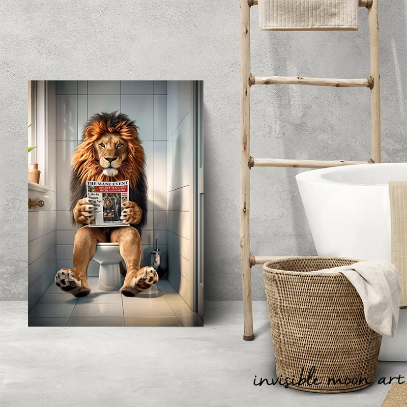 Funny Bathroom Animal Toilet Shepherd Raccoon Gorilla Reading A Book Art Poster Canvas Painting Wall Prints Picture Home Decor