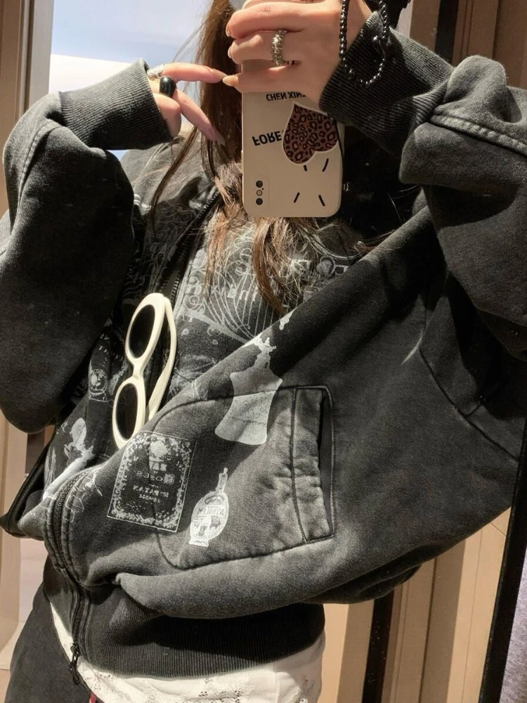 2025 American Retro Print Cartoon Sweatshirt Women Zip Up Long Sleeve Jackets Coats Casual Hooded Sweatshirt Y2K Streetwear Tops