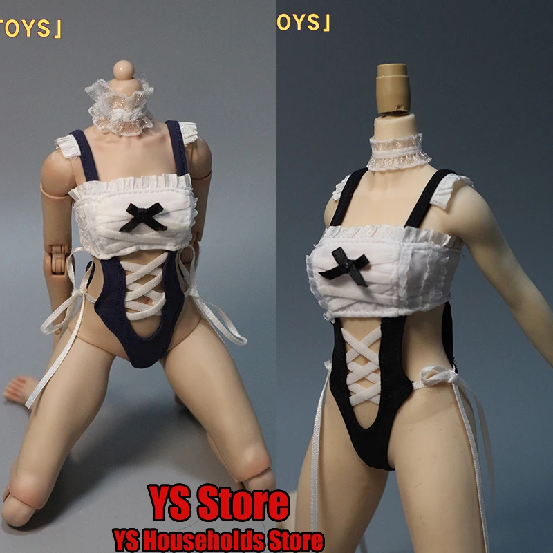

DMTOYS Handmade 1/6 Female Soldier Maid Waitress Cosplay Blue White Lace Bowtie Decor Bodysuit Toy Accessory For 12" Figure Body