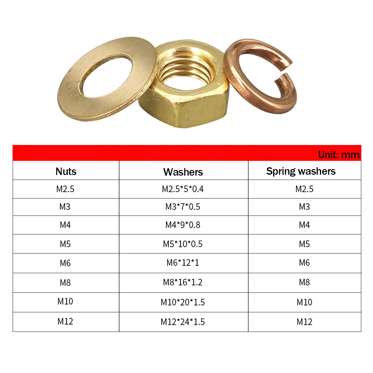 Cuivre Extérieur Hexagone Écrou pio Rondelle Ressort Ensemble M2.5-M12