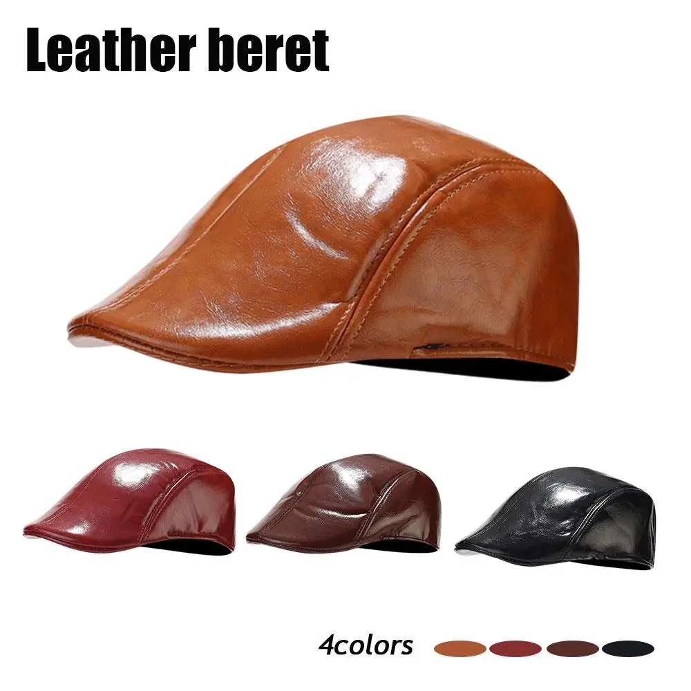 قبعات الموضة الرجال بولي Leather الجلود قبعة قبعة بلون قبعة الرسامين البريطانيين قبعة قصيرة حافة قبعات مسطحة مشرق الجلود مثل القبعات #4
