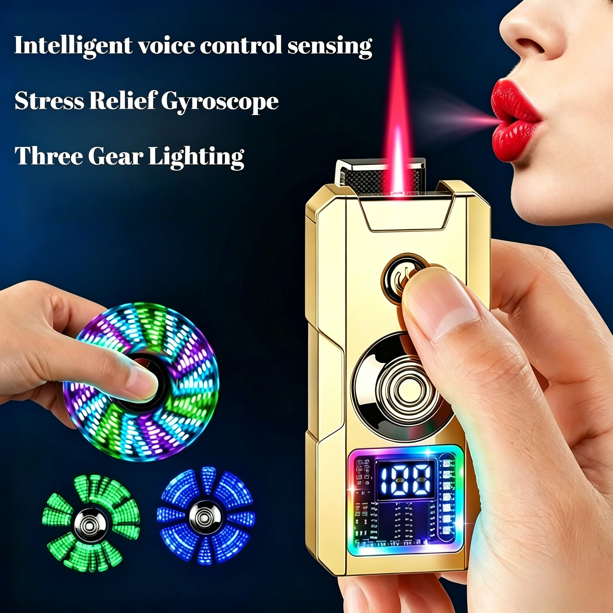 Voice Activated Windproof Lighter, Gyro Transparent Gas Window Design, Multiple Ignition Ways, USB Charging Butane Ignition Tool