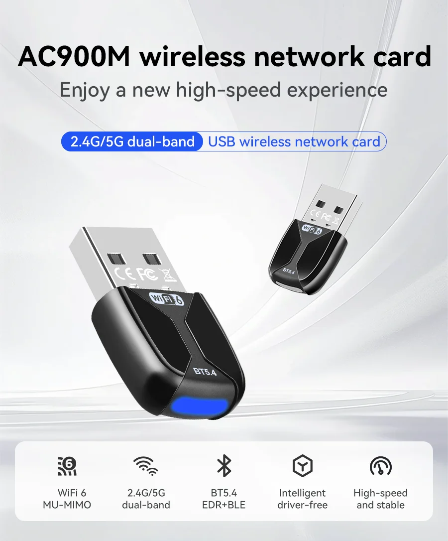 900Mbps Network Card WiFi 6 Bluetooth 5.4 Adapter Dual Band 2.4G&5GHz USB Network Wireless Wlan Receiver For Win10/11 Drive free