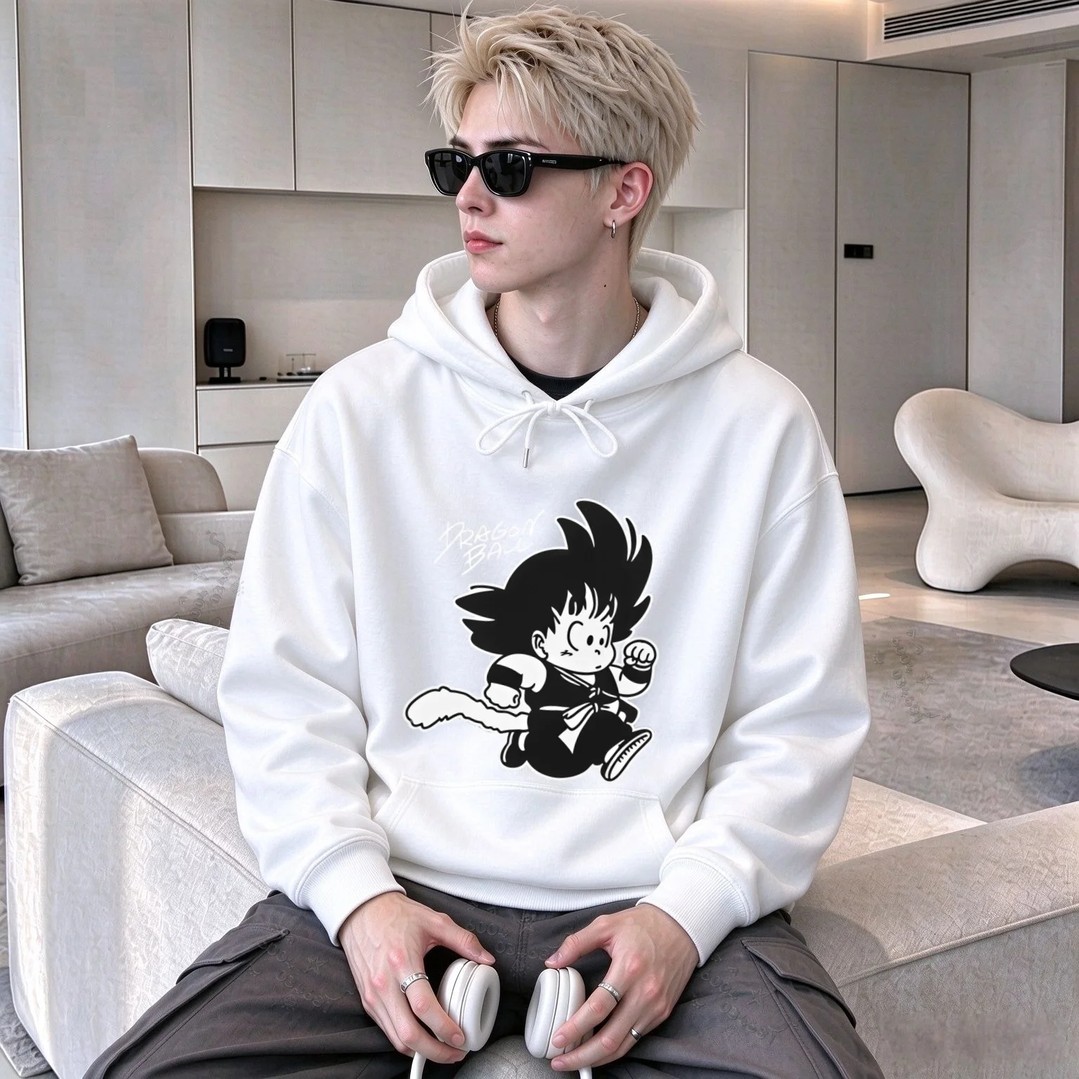 Autumn Winter Mens Pullover Hoodie,Dragon Ball Cute Little Goku Cartoon Graphic Print,Loose Long Sleeve Casual Hooded Sweatshirt