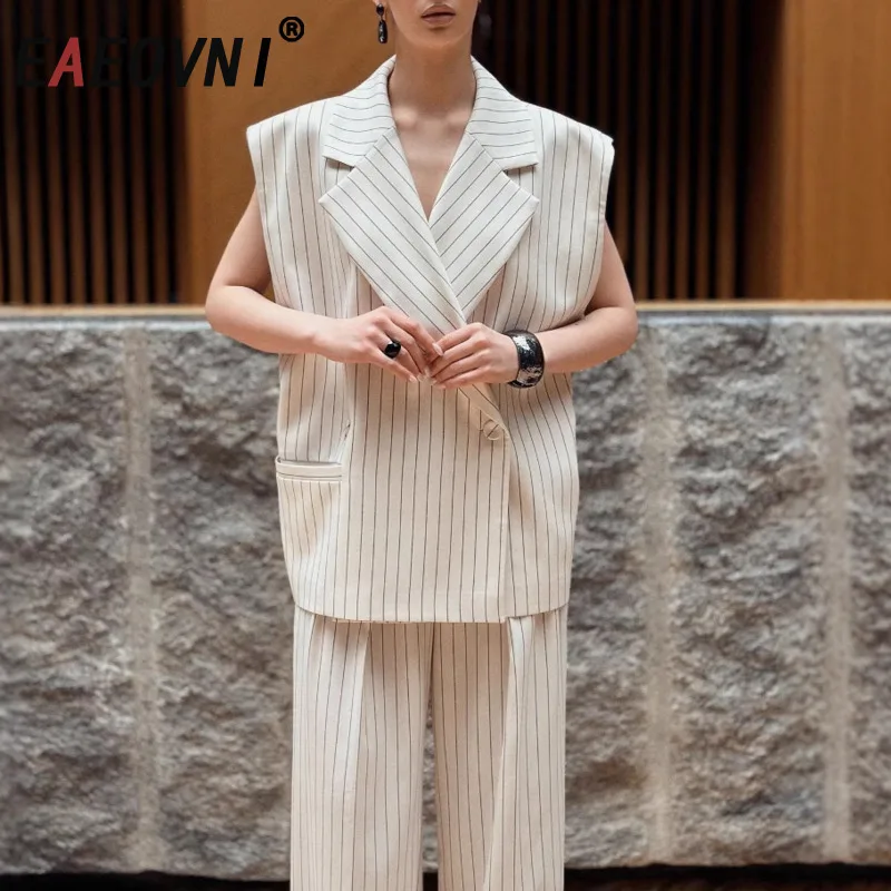 

EAEOVNI Fashion Striped Women Two Piece Set V Neck Sleeveless Button Vest Coat + Wide Leg Pants Office Lady 2025 New Clothing