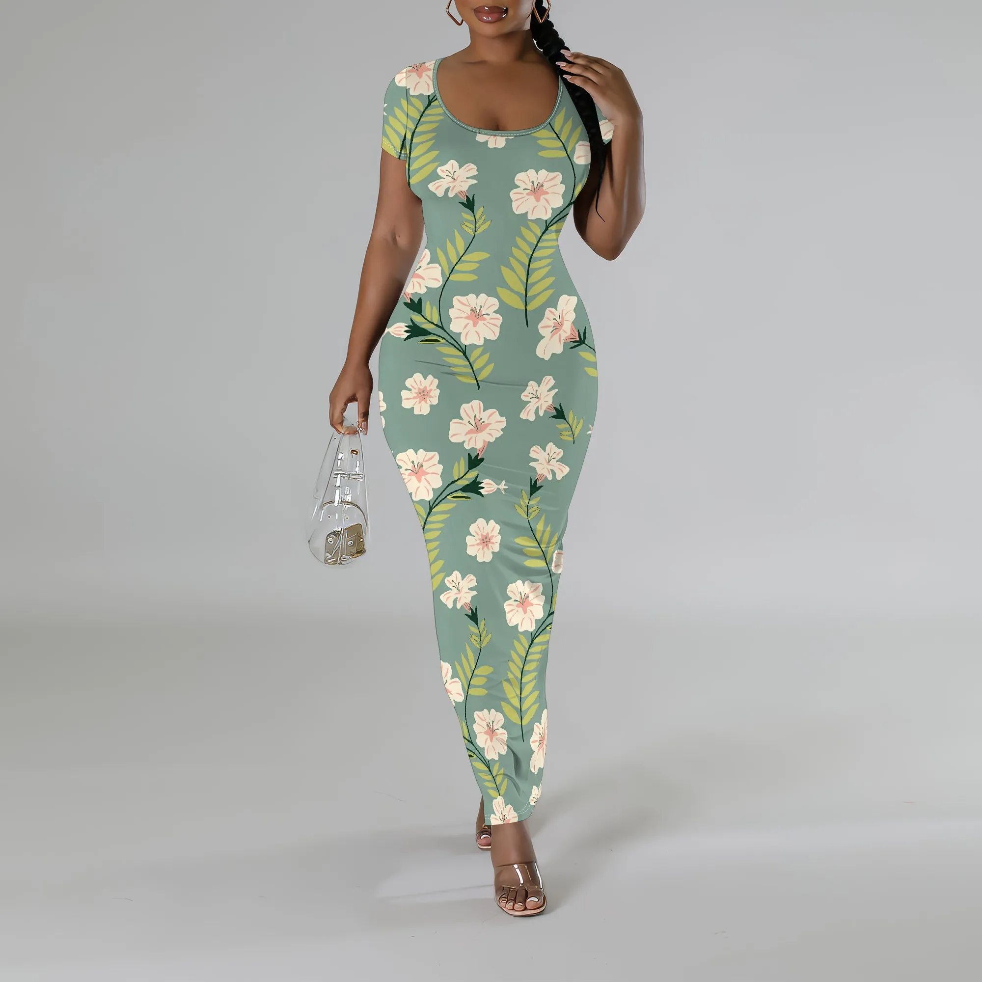 

Nupusa Floral Print Maxi Dress for Women Standard Size Summer Casual Square Neck Short Sleeve Bodycon Dress