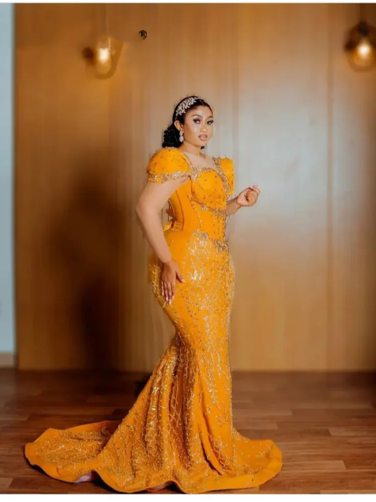 Customized African Orange Mermaid Evening Dress Plus Size Beaded Glitter Women's Party Dress Suitable for Black Girls 2024