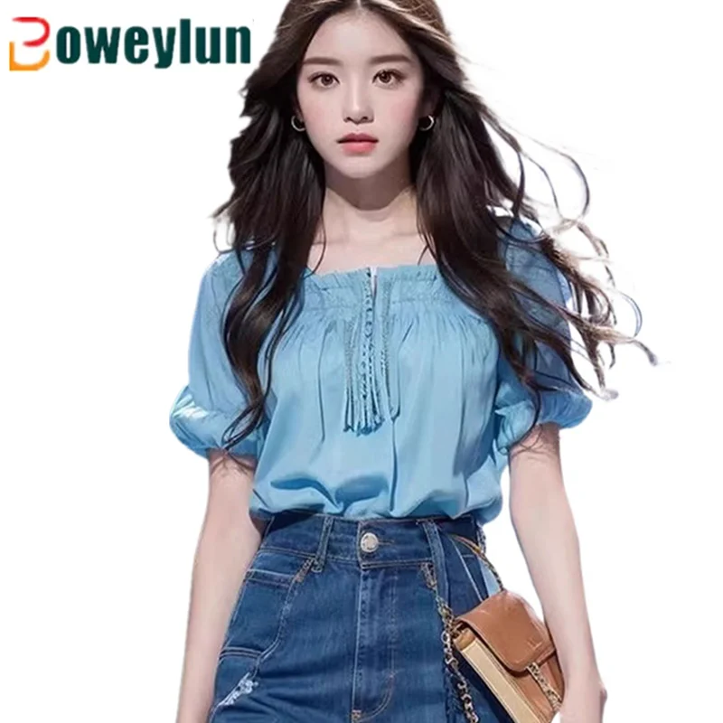 

Boweylun Bubble Sleeve Square Neck Short Sleeve Shirt Women Summer Fashion French Style Tops T-shirt Girls