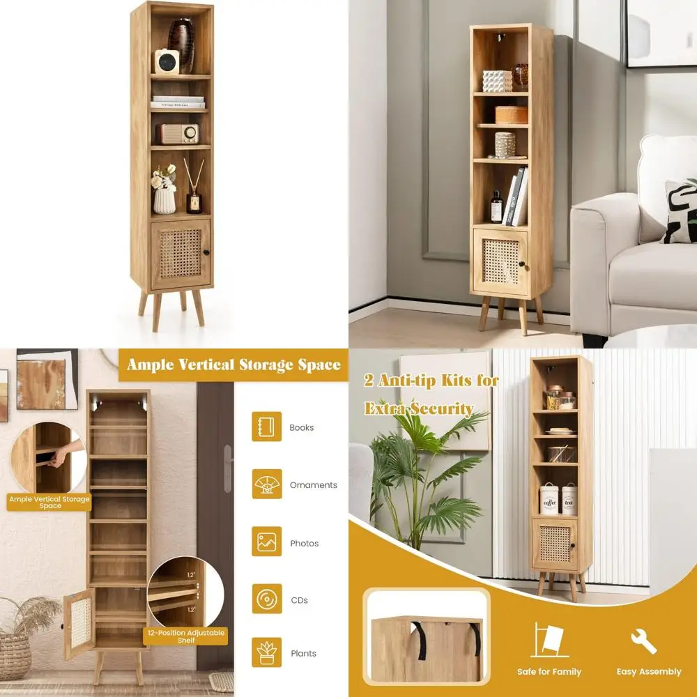 

Freestanding Tall 4-Tier Narrow Bookcase with Adjustable Shelves and Door, Vertical Slim Bookshelf for Home Office Storage