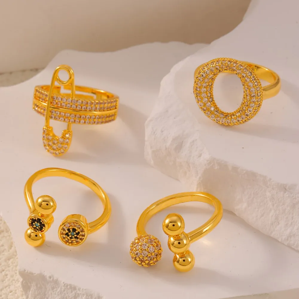 خاتم إصبع دائري مفتوح للنساء مطلي بالذهب ، أحجار الراين الفاخرة على شكل دبوس ، الفولاذ المقاوم للصدأ 316L ، هدية مجوهرات Colorfast