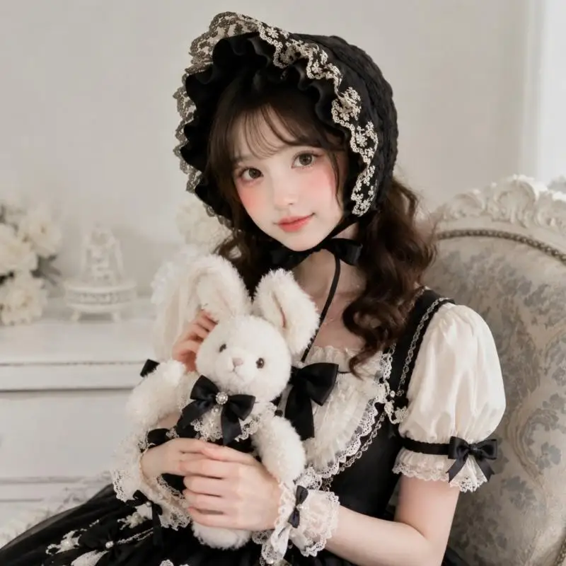 31BB Ruffled Lace Bonnet Cap with Flower Embroidery and Foldable Design for Cosplay, Anime Maid, and Theatrical Costume Styling