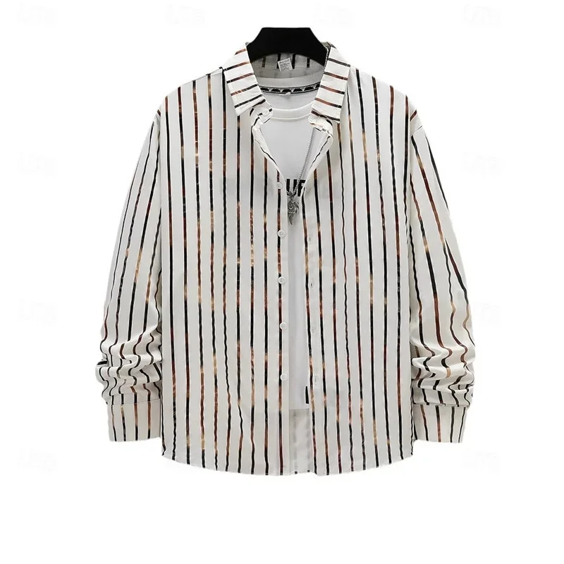 Men's Shirt Casual Shirt Gold Striped Shirt Wedding Holiday Light Blue Black White Red Long Sleeve Lapel Shirt 6XL High Quality