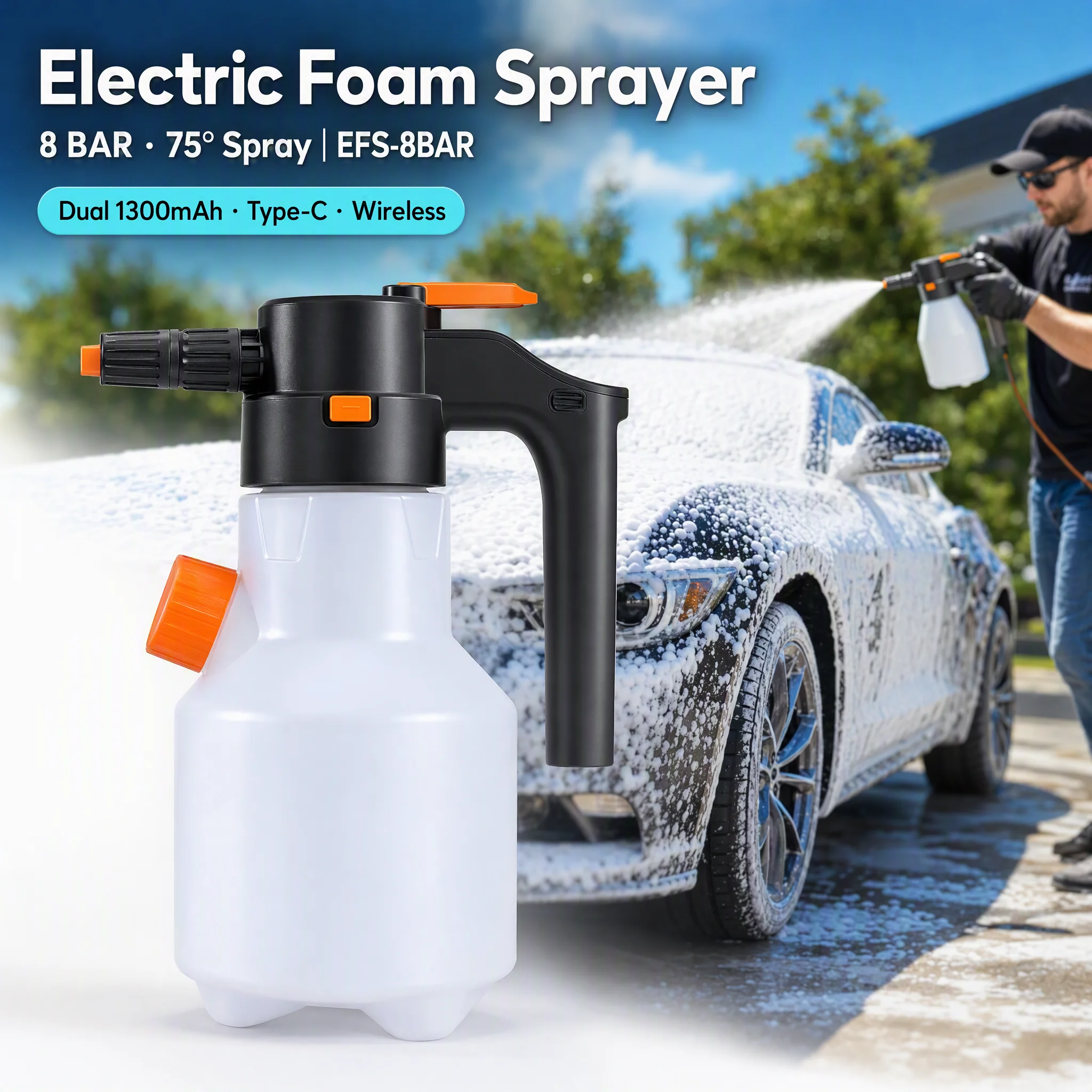 Electric Foam Sprayer 1.5L 2L Wireless 8 BAR Type-C Charging Dual Battery for Car Cleaning Garden Watering Portable Pressure Was