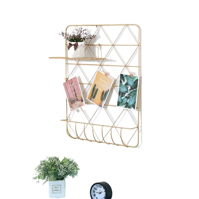 ins gold wall decoration wall hanging wrought iron mesh photo wall storage rack dormitory living room background metal