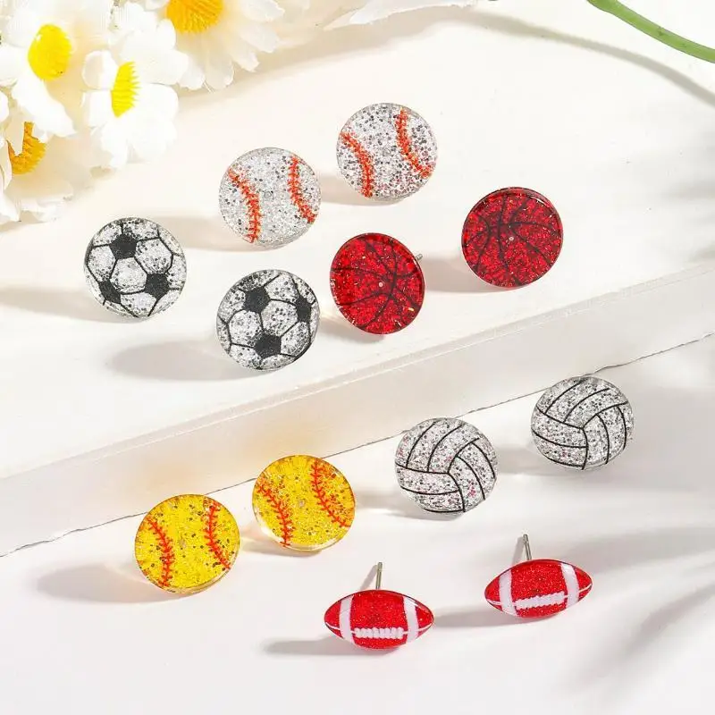 1Pair Acrylic Soccer Baseball Ball Stud Earrings Hollow Colored Post Earrings Lightweight Hypoallergenic Sports Fan Gift Jewelry