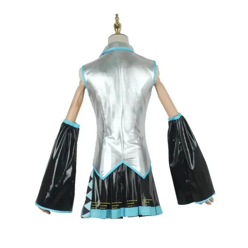 

Anime Vocaloid Miku Cosplay Costume PU Leather Midi Dress Girls Halloween Christmas Party Full Sets With Wig