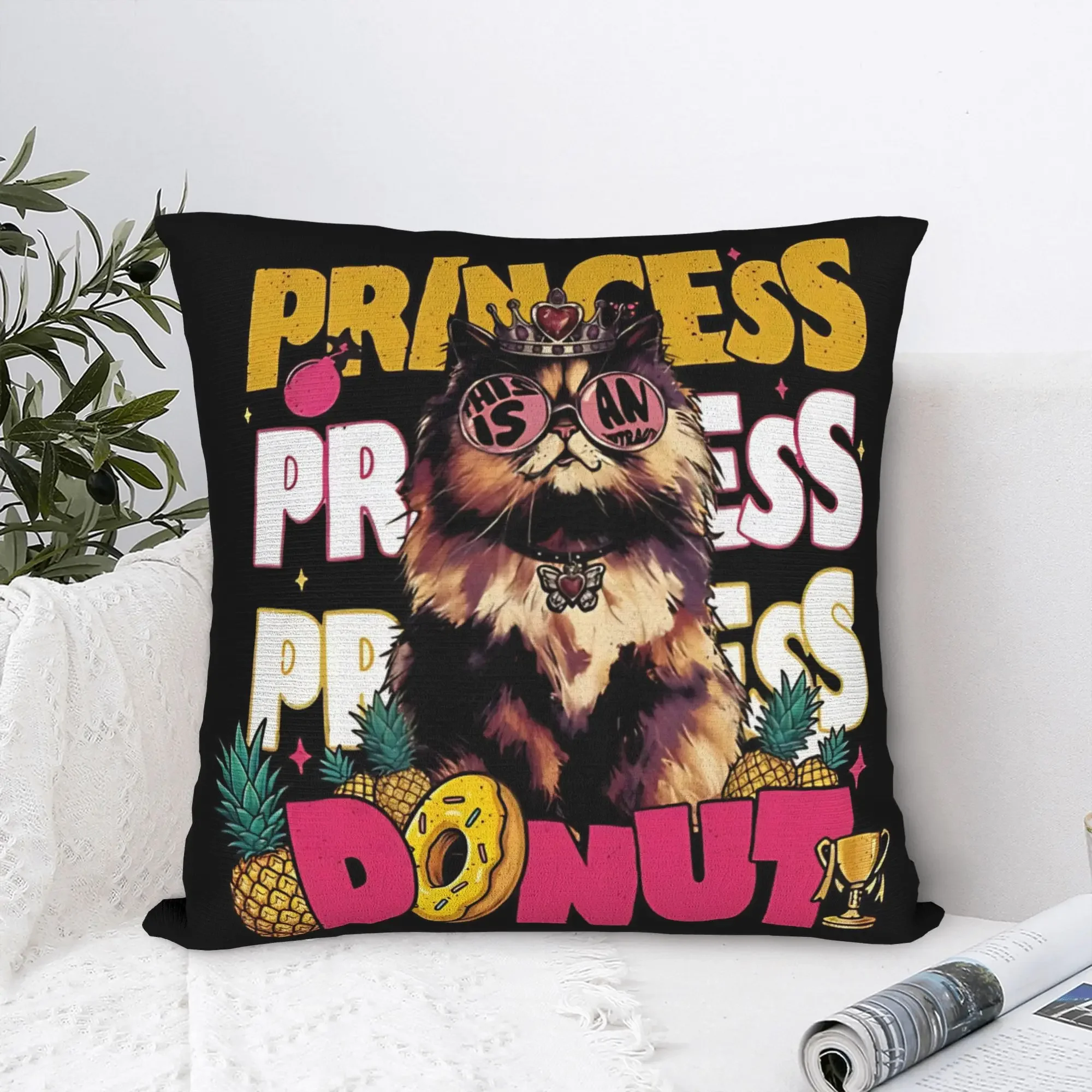 Funny Cat Princess Donut Lover Throw Pillow Cushion Boho Aesthetic Gift for Cat Mom Friends