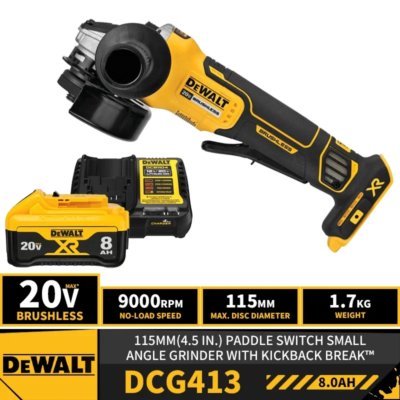 DEWALT DCG413 Kit Brushless Cordless Paddle Switch Small 115MM(4.5in.) Angle Grinder KICKBACK BREAK™ 20V With Battery Charger