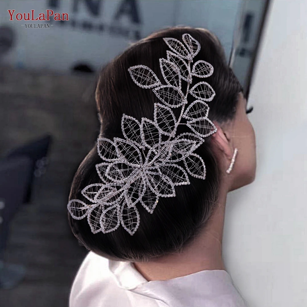 YouLaPan Diadema nupcial plateada con hojas de alambre hueco, tocado lateral hecho a mano con pedrería, accesorios para el cabello de boda para invitadas HP256