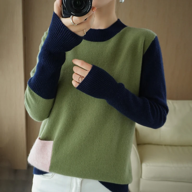 

New Cashmere Sweater Woman O-Neck Color Matching 100% Pure Wool Pullover Fashion Plus Size Warm Knitted Bottoming Shirt