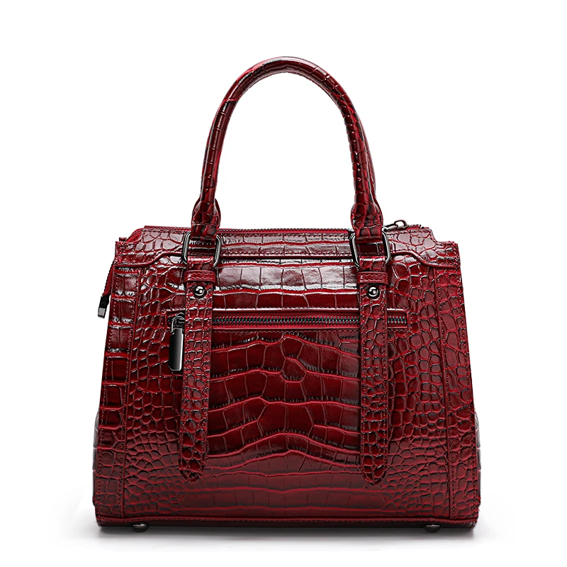 Genuine Cowhide Women's Tote Bag – Burgundy Crocodile Pattern Handbag with Adjustable Shoulder Strap, Elegant Office Work Bag
