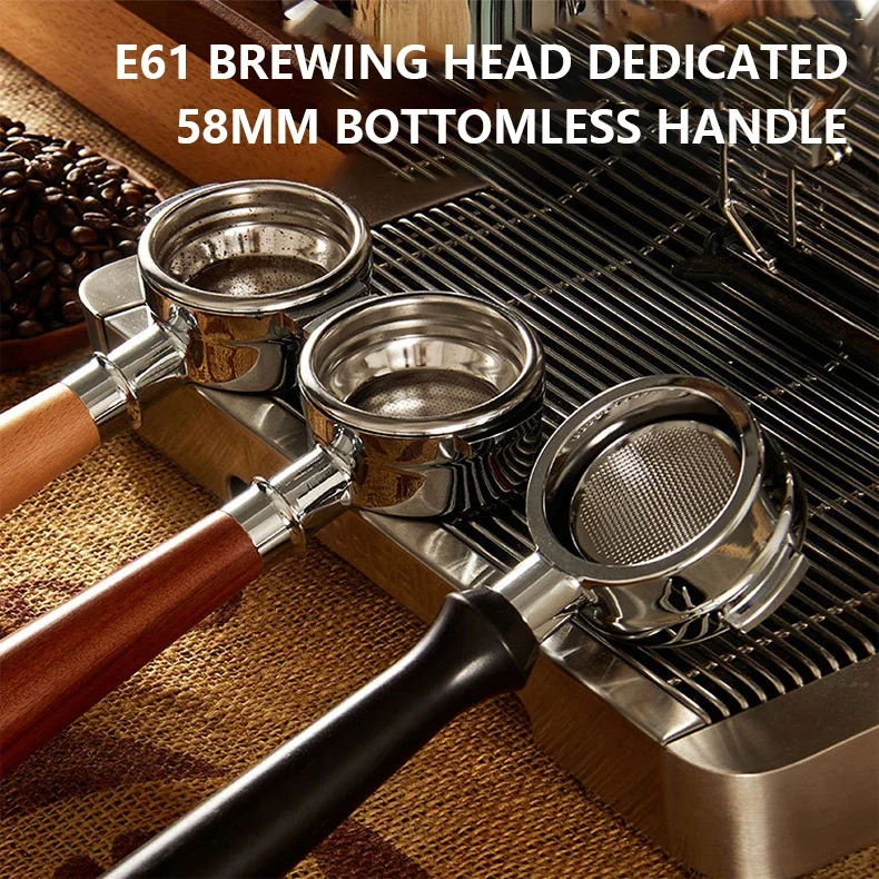 58mm E61 Coffee Machine Filter Holder Double Ears Bottomless Portafilter with Wooden Handle Replacement Wholesale & Dropship