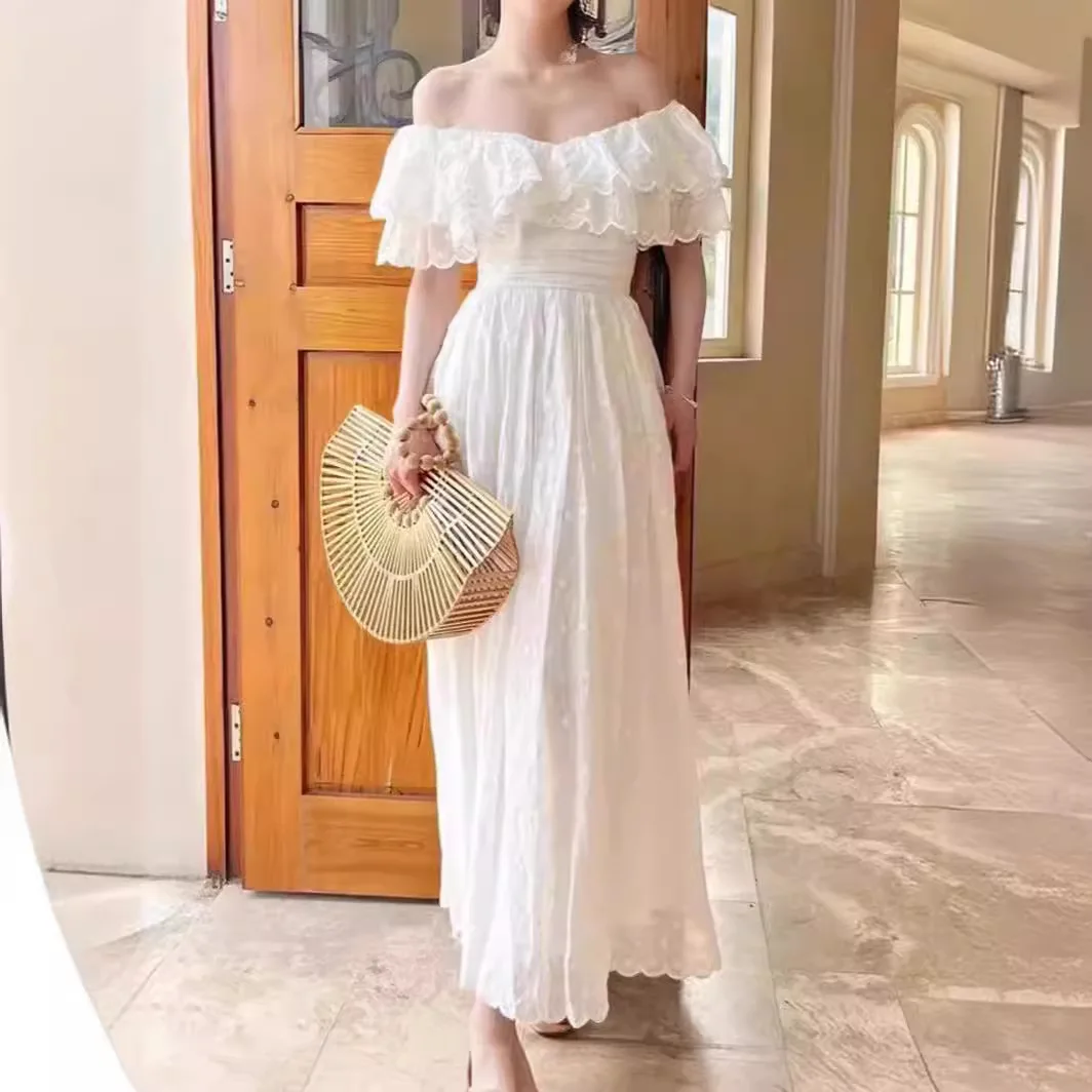 

Vintage Elegant Women's Ruffles Strapless Long White Dress Summer Off Shoulder Lotus Leaf Hollow Retro Party Tunic Swing Dresses