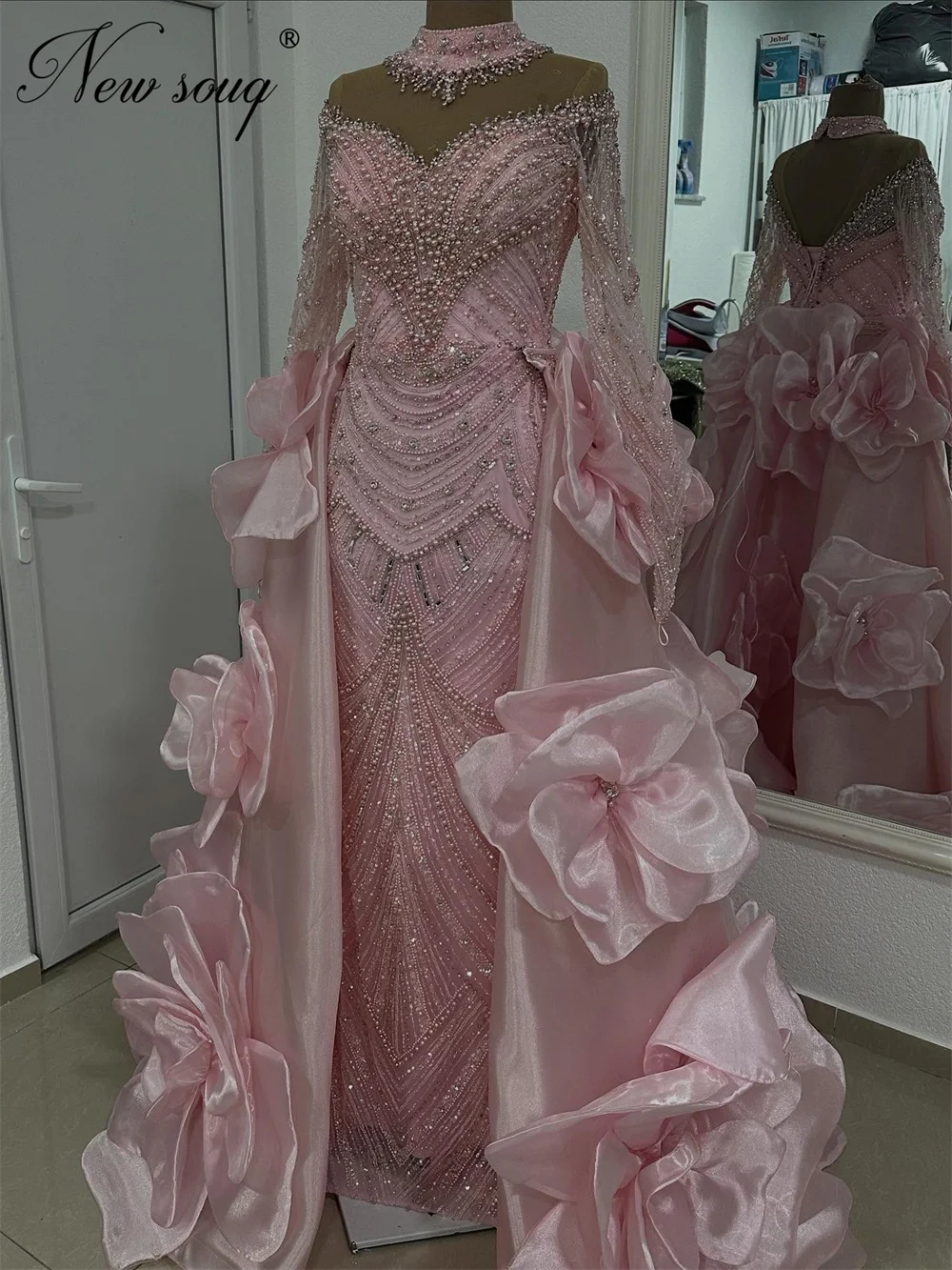 

Newest Dubai Pink Prom Dresses Detachable Skirt 3D Flowers Beading Evening Wear Gowns Customized Crystals Engagement Party Dress